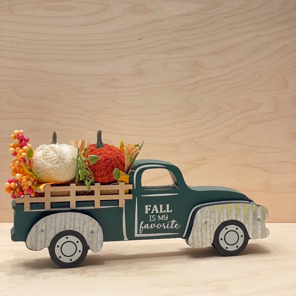 Fall into Autumn Decorative Green Wood Truck Standing Sign w/Pumpkins & Leaves